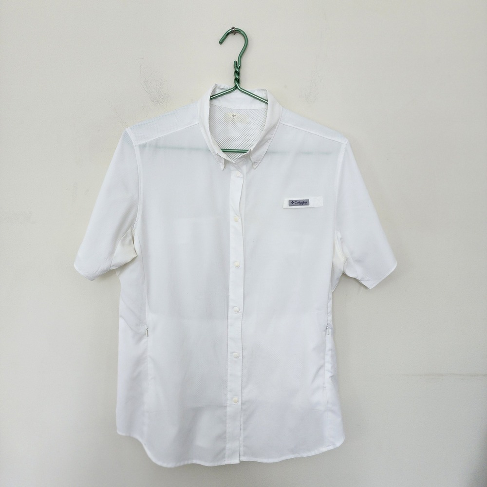 Columbia PFG Tamiami II White Short Sleeve Fishing Shirt Women Large Utility